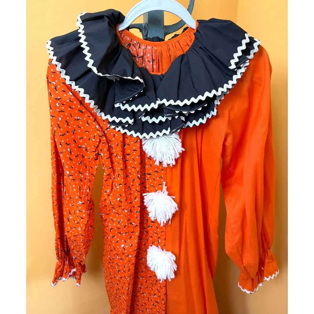 Vtg 70s 80s Handmade Clown Costume Halloween Jumpsuit Bats Orange Pom Pom Ruffle